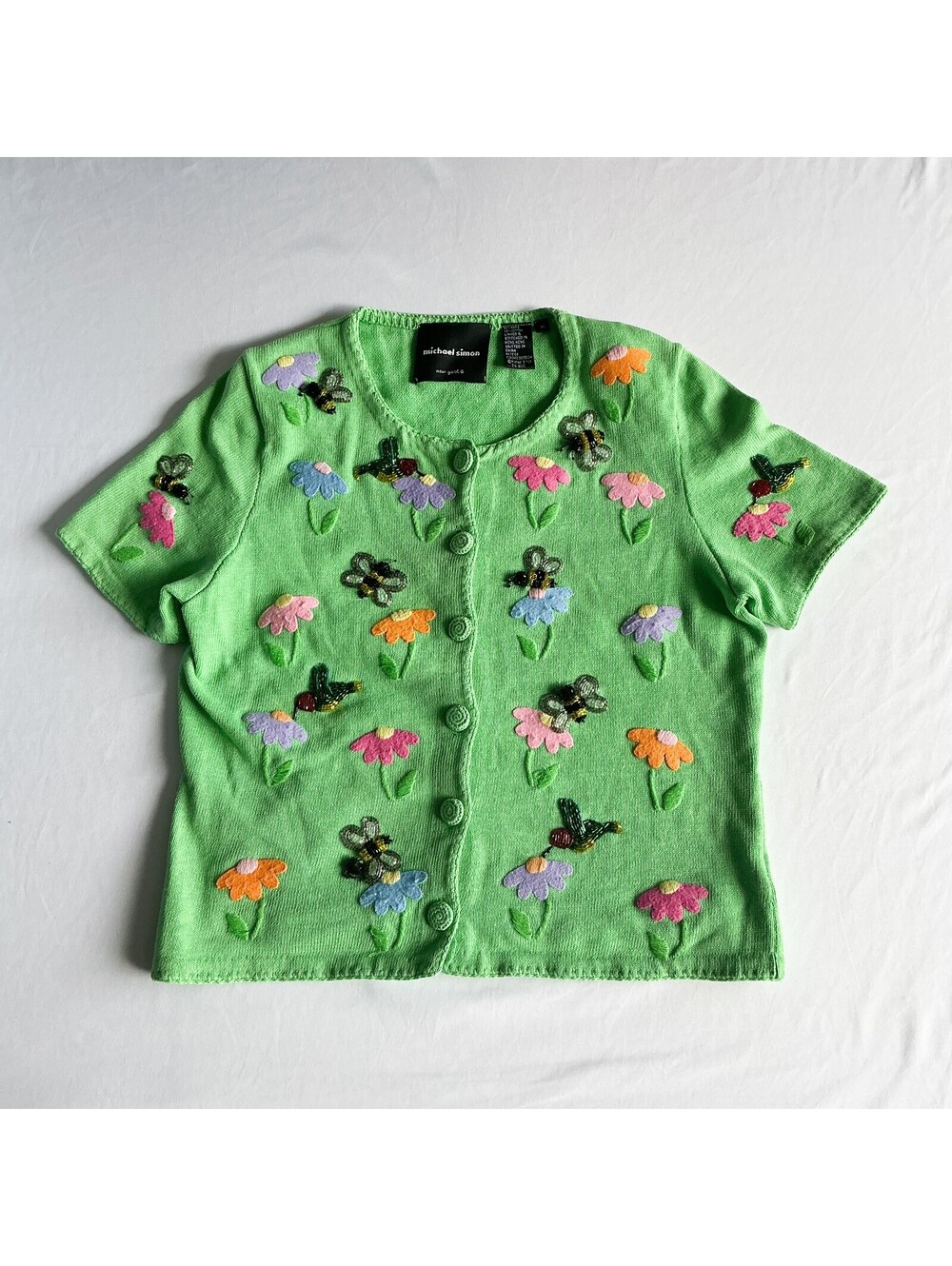 Michael Simon Green Beaded Floral, Bumblebee and Hummingbird Knit Cardigan Med